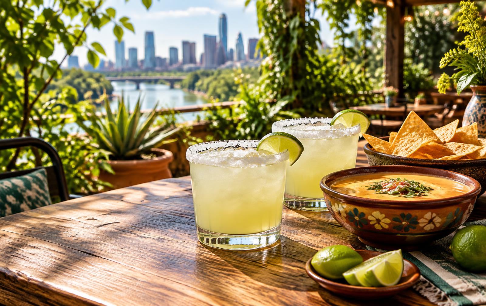 Lime margaritas, queso, and tortilla chips on a sunny outdoor table